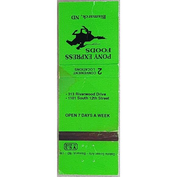 Vintage Matchbook Cover Pony Express Foods Bismarck ND North Dakota Green - Picture 2 of 4
